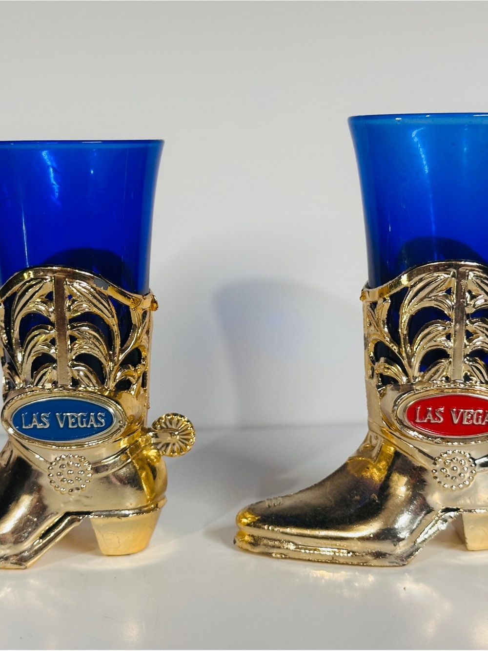 Las Vegas Shot Glasses Gold Color Cowboy Boot Holder Set vintage
